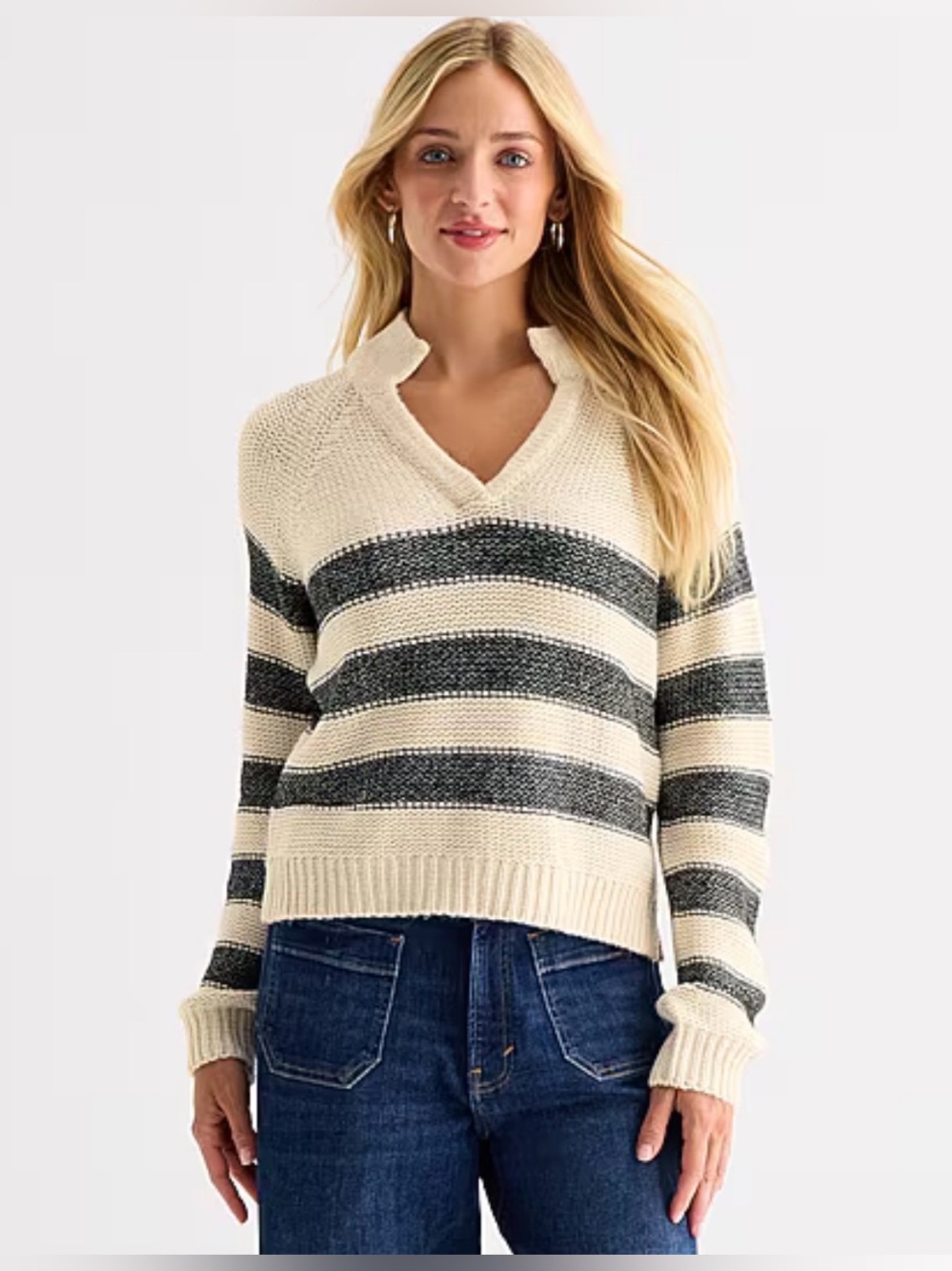 a.n.a Split Crew Neck Long Sleeve  Sweater Striped Cream and Black V-Neck Knit